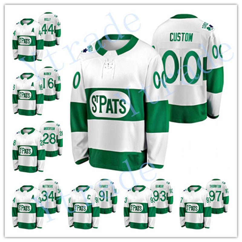 Custom Mens 2021 St. Pats Auston Matthews John Tavares Hockey Jersey Green Throwback Joe Thornton Mitch Marner Morgan Rielly joey anderson doug gilm