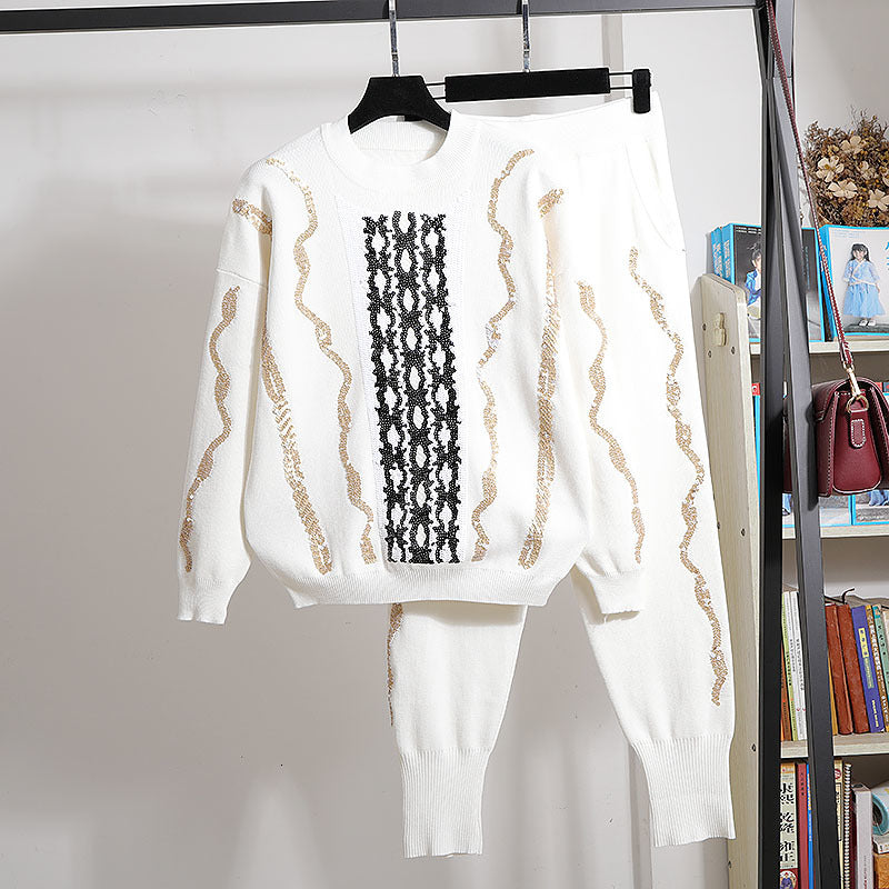 pant White Gray Black Knitting Suit Outfits Stripe Sequins Sweater Pencil Pants Women Two Piece Set Fashion Knitted Tracksuits Female