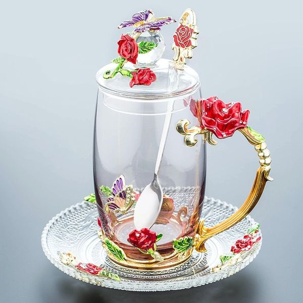 320 - 350ML Beautiful Enamel Cup, Glass, Household Set, Flower Tea, Crystal Coffee Cup, Beer Mug, Couple Wedding Gift 210326