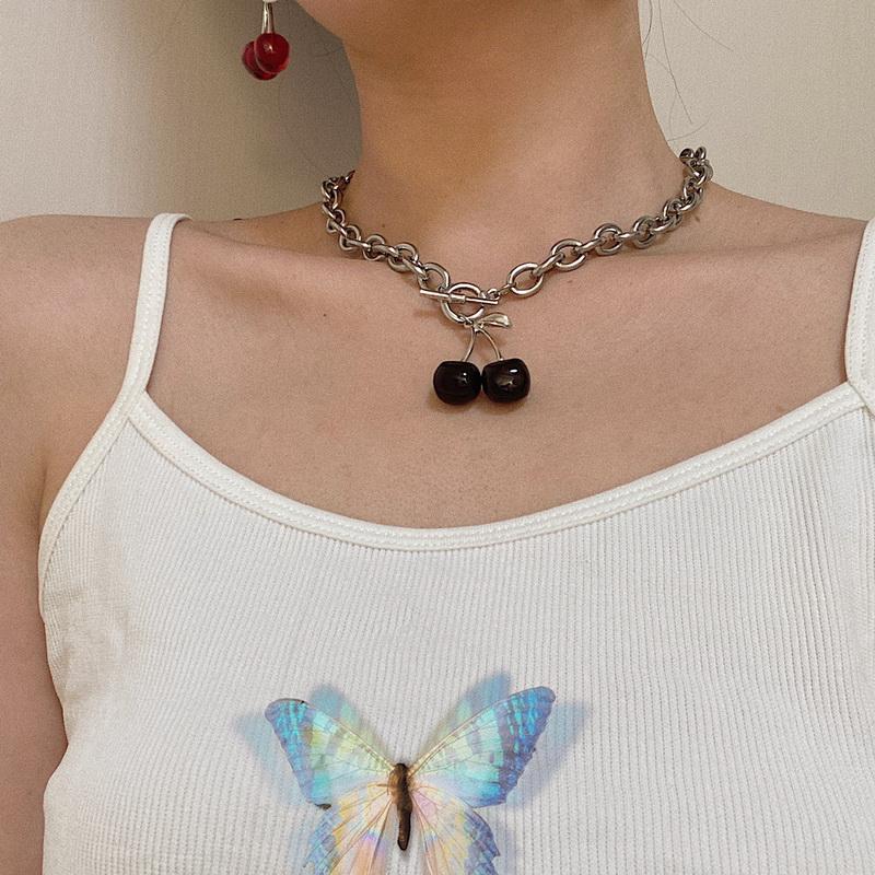 Bjioux Femme Elegant Black Cherry Fruit Clavicle Chain Lock Choker Necklace Women Handmade Punk Silver Plated BFF Pendant Necklaces
