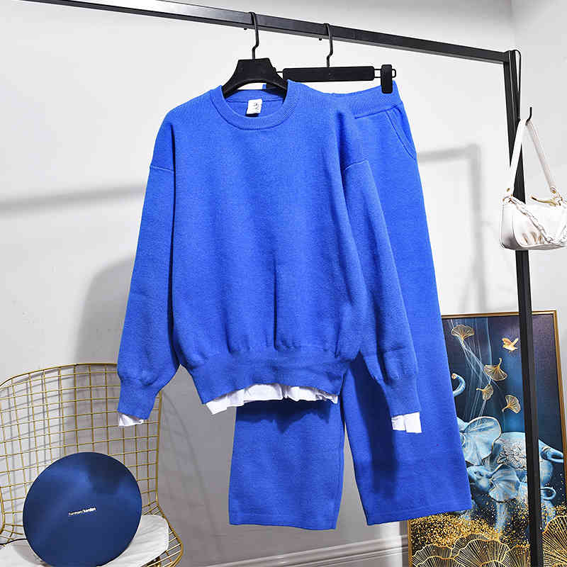 pant Blue Knitted Tracksuit Women Outfits Autumn Fashion Knit Sweater Wide leg Pants Set Female Loose Casual Sports Knitting Suit 2pc