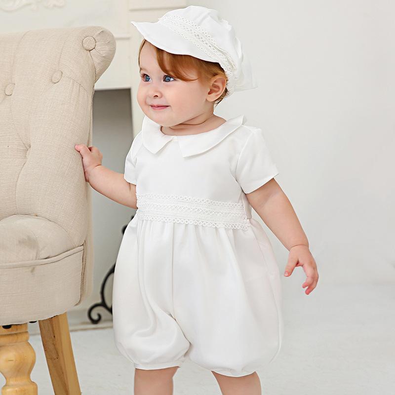 Bodysuit 2Pcs Newborn Christening White Romper Baby Baptism Jumpsuit with Hat Infant First Birthday Outfits Boy Boutique Clothes