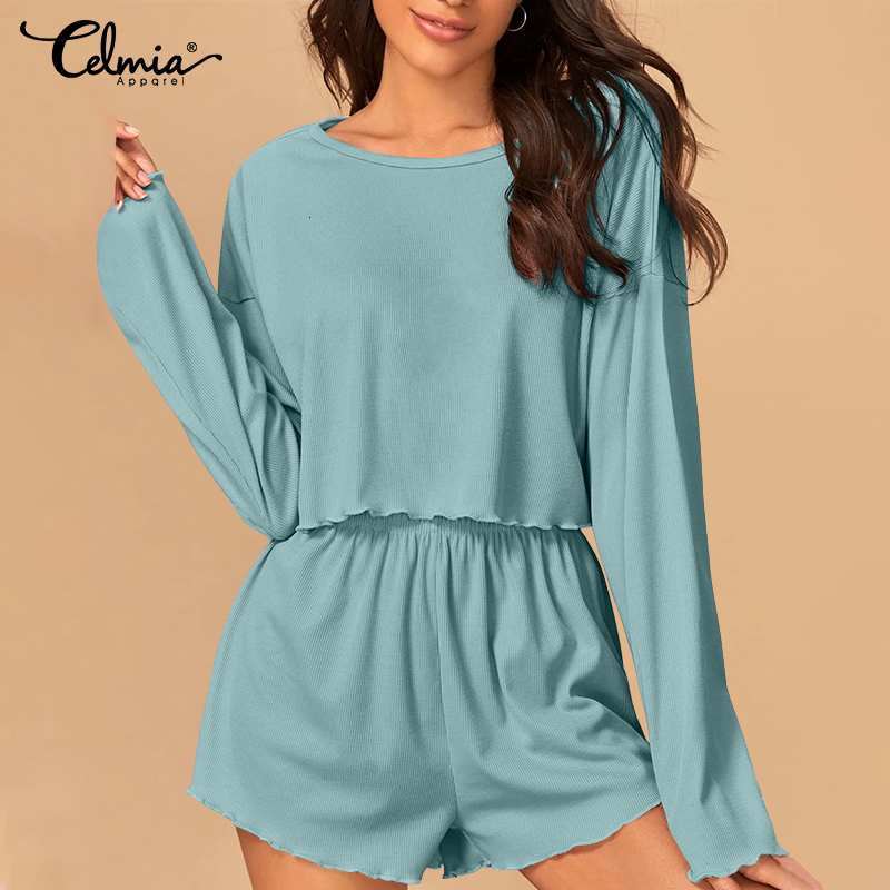 sleepwears 2021 Summer Casual Short Style Rib Knitted Pajama Sets Celmia Women Fashion 2PCS Sleepwear Solid Homewear Plus Size Lounge S-5XL