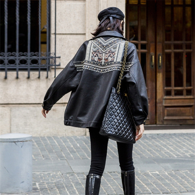 coats Black Faux Women Fringed Rivet Punk PU Leather Jacket Locomotive Short Motorcycle Outerwear Lady Embroidery Coats