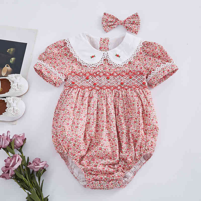Children&#039;s suit 2PCS Baby Smock Floral Romper Girl Handmade Embroidered Jumpsuit Toddler Smocked Clothes Infant Birthday Rompers with Hairpi