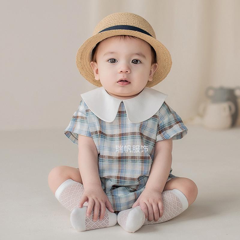Children&#039;s suit Baby Boutique Clothing Infant Plaid Romper Newborn Cotton Peter Pan Collar Jumpsuit Spain Boy Birthday Baptism Bodysuits