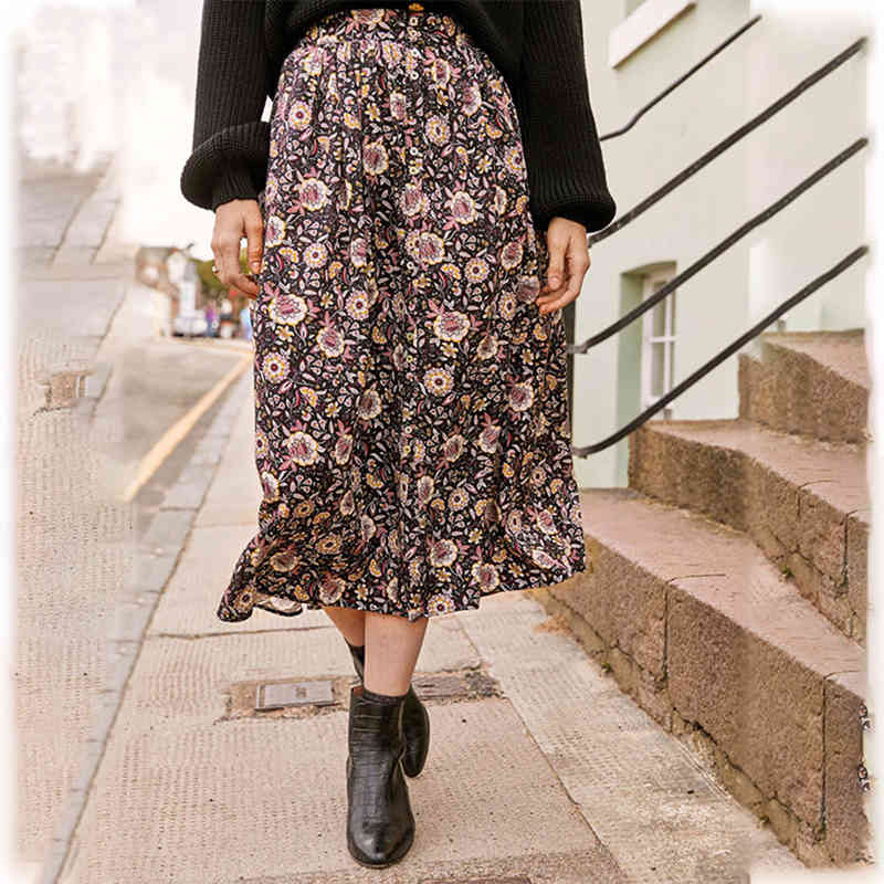 skirts Floral Print Long Women Tencel Spring Autumn Pocket A Line Chic Elegant Skirts Vintage Retro Skirt jupe longue femme