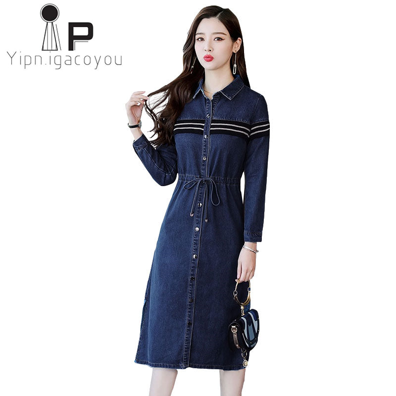 dresses Women Long Sleeve Bodycon Jean es Autumn Fashion Big Size Office Lady Elegant Elastic Waist Denim Vestidos Female