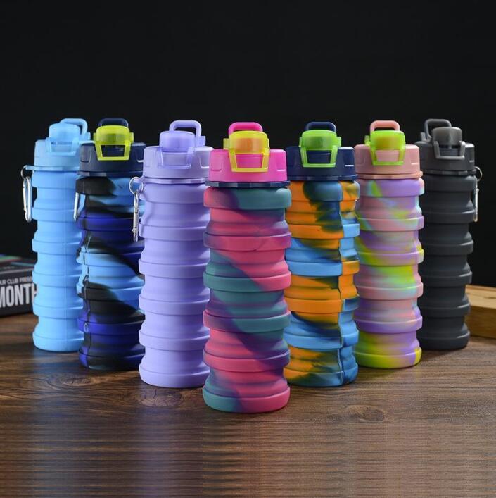 Creative Camouflage Water Bottle Silicone Fold Telescopic Tumbler Carabiner Sports Drinks Cups Portable Hiking Camping Equipment FY4515