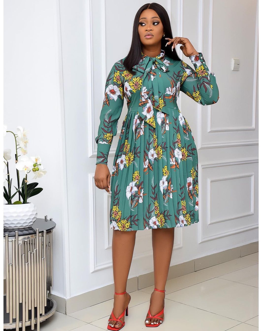dress Printed women wearing long sleeves with floral bow at the height of knee office elegant ladies African fashion B30P