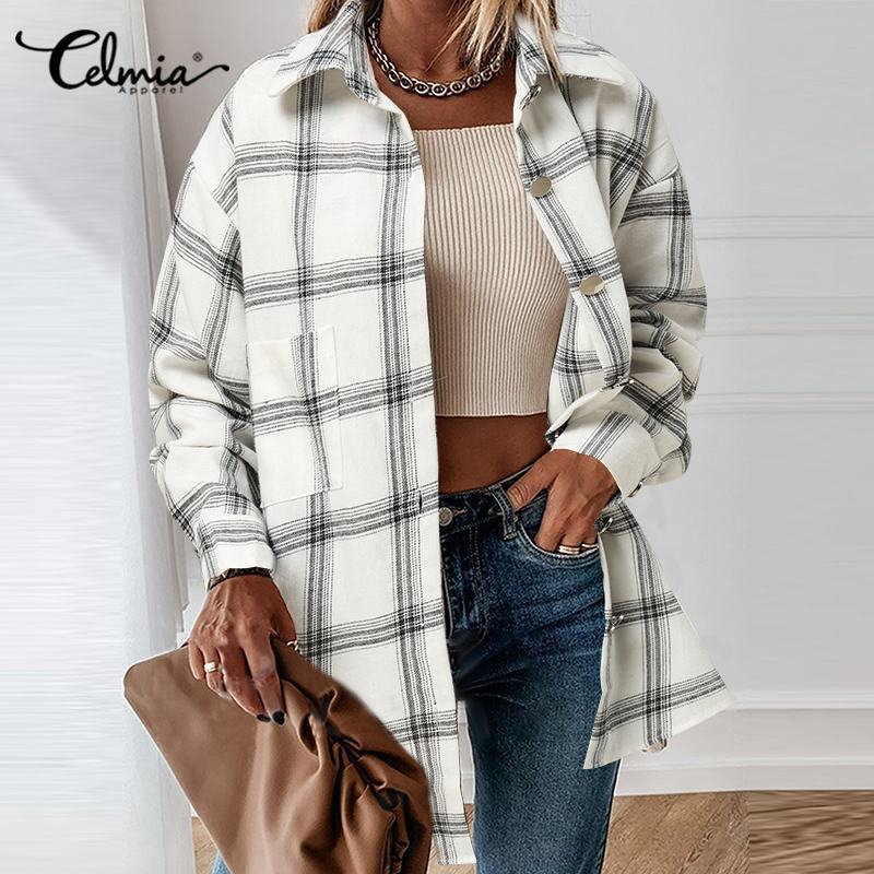 blouses Celmia Women 2021 Vintage Checked Shirts Stylish Plaid Blouses Autumn Casual Long Sleeve Buttons Tops Fashion Loose Party Blusas