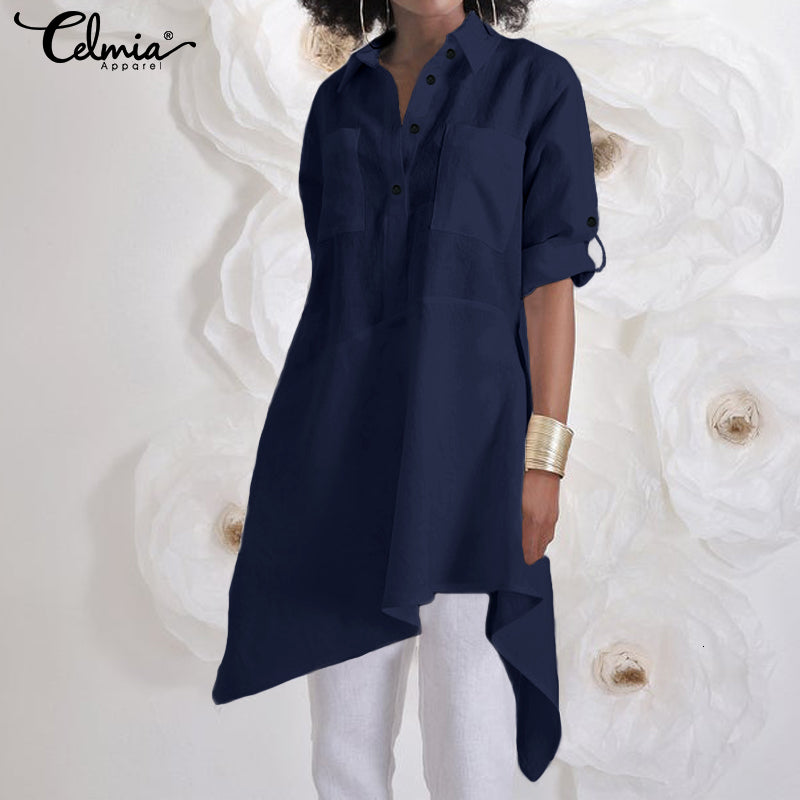 blouses Women&#039;s Asymmetrical Shirt Celmia 2021 Autumn Long Sleeve Blouses Casual Button Tunic Tops Loose Plus Size Blusas Femininas