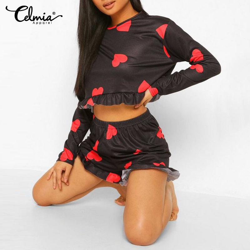 sleepwears Women Fashion Heart Print Pajamas Sets Celmia 2021 Summer Sleepwear Long Sleeve Ruffles Home Wear Casual 2 Piece Pijamas Suit 7