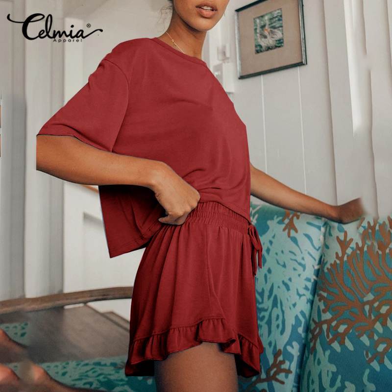 sleepwears Celmia Casual Loose Pyjamas Women Solid Lounge Home Suit Elegant O Neck Short Sleeve Sleepwear 2 Piece Sets Plus Size 5XL