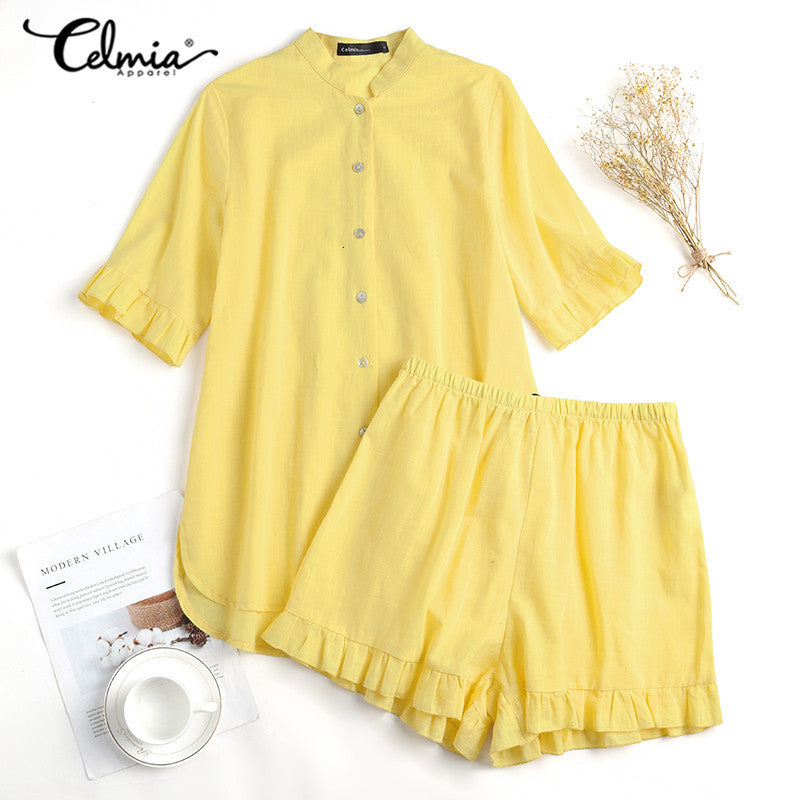 sleepwears Celmia Summer Cotton Two-piece Sleepwear Women Home Wear Pajama Sets Casual Short Sleeve Ruffle 2021 Fashion Loungewear S-5XL 7