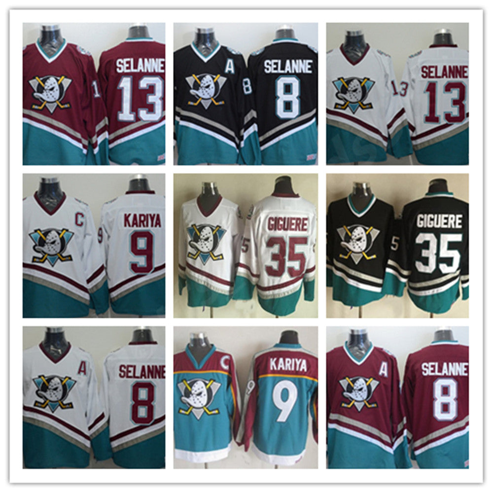 Vintage Anaheim Mighty Ducks Hockey Jerseys 8 Teemu Selanne 9 Paul Kariya 35 Jean-Sebastien Giguere 1998 CCM Jersey