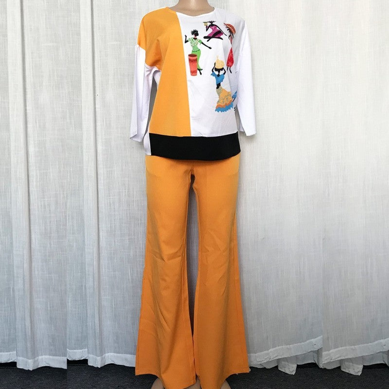 dresses T Shirt Tops And Flare Pants African Clothes For Women 2 Piece Set Autumn New Elegant Bazin Riche Dashiki Print Office Lady Suit