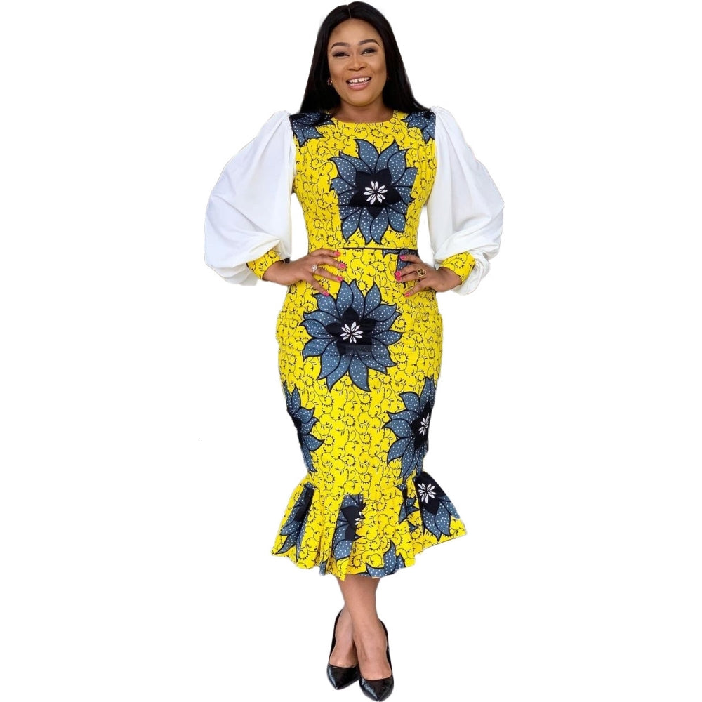 dresses 3XL Plus Size Africa Clothing Dashiki Flowers Printed Sleeve Midi Women Autumn Robe Long Party African Office DressESSL JFJR