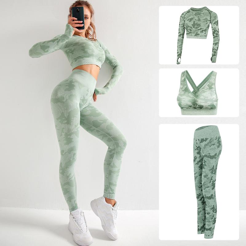 Women&#039;s 3 Pcs Yoga Set Camo Seamless Long Sleeve Tops Sport Bra High Waist Leggings Fitness Clothing Gym Running Suit Female Outfit