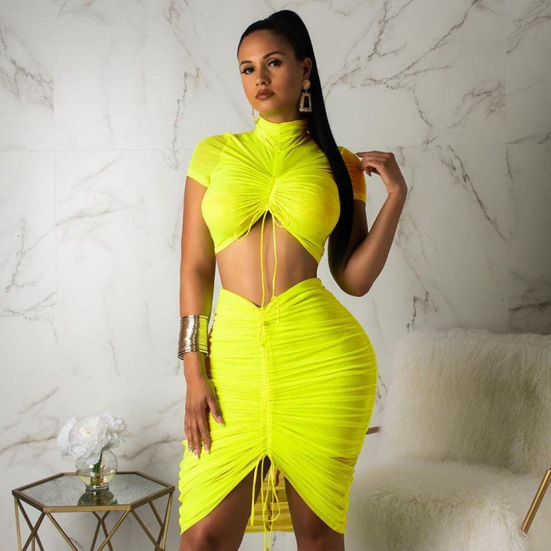 skirts 2 Piece Women Set Turtle Neck Neon Pleated Crop Top Party Casual Short Sleeve Tee & Tube Skirt Matching Sets Female