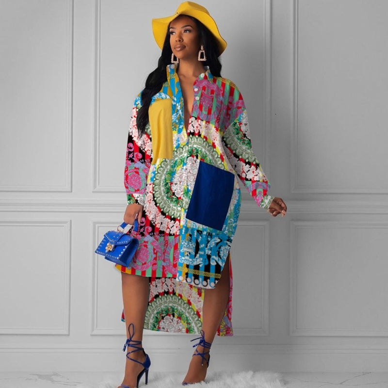 dresses Floral Print Women Casual Office Ladies Spring Autumn Boho African Elegant Printed Long Sleeve Fall Shirt Dress