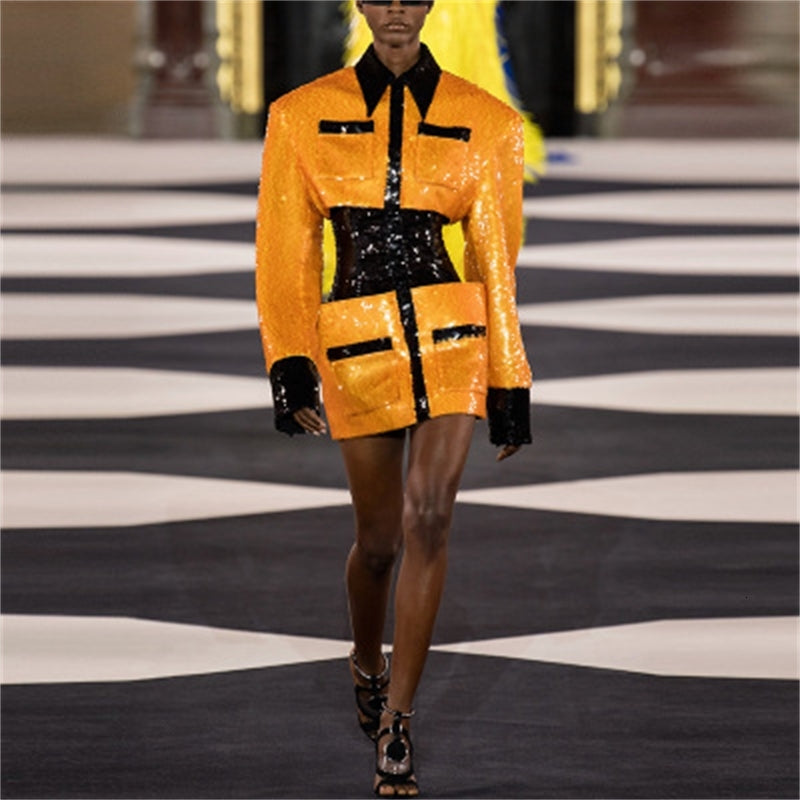 dress HIGH Quality Newest Stylish Designer Runway Women&#039;s Long Sleeve Block Pockets Gold Glitter Sequined Dress