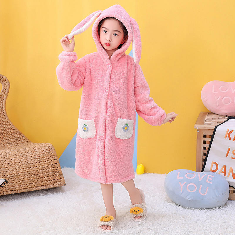 Culottes Winter Children Flannel Bathrobes Hooded Long Bathgowns Flower Embroidery Sleepwear Birthday Girl Robe Teenage Homewear