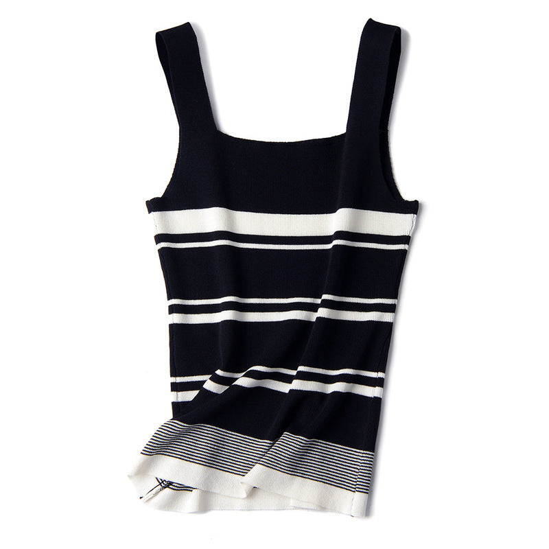Silk Ice Suspender Women&#039;s Waistcoat with Close Fitting and Short Sleeveless Base Coat, Summer Knitting Stripe