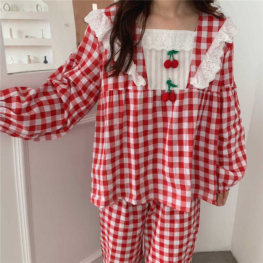 Women&#039;s Sleepwear Kawaii Cherry Appliques Lace Patchwork Frilly Plaid Women Pigama Set 2 Piece Soft Girls Homewear Summer Pajama S