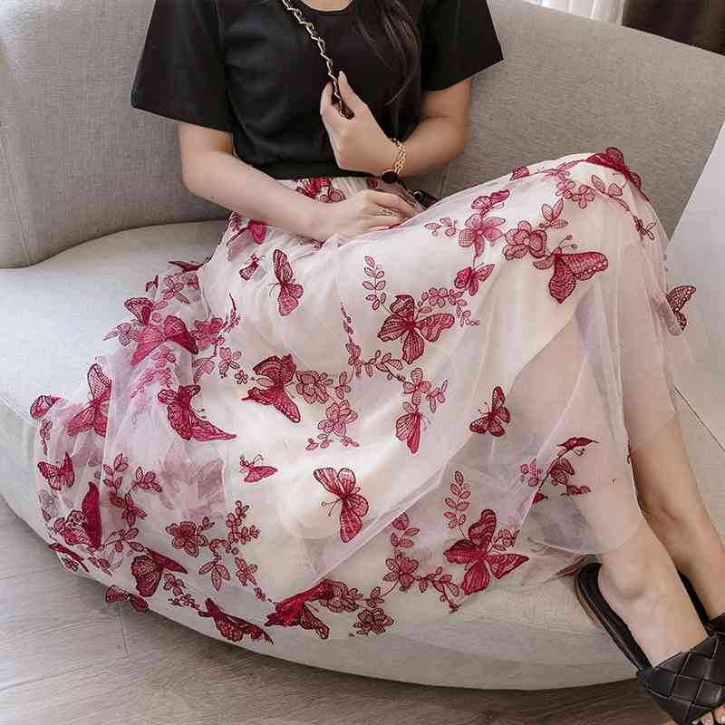 Skirts Heavy Embroidery 3D Butterfly Women Summer Fairy Ladies High Waist Wide-Swing Mesh Tulle Long jupe tulle femme T2WZ