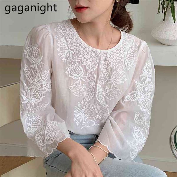 Summer Women Elegant Floral Embroidery Blouses Long Sleeve See-through Office Ladies White Shirt Tops Female Chemise 210601