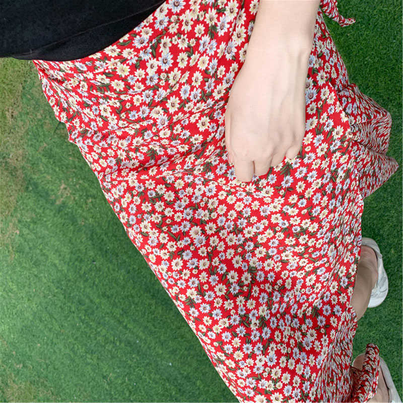 Skirts Verano de las mujeres Floral Impresin encaje, falda larga, Casual Slim seoras ropa impresinR12 protector solar TZE9