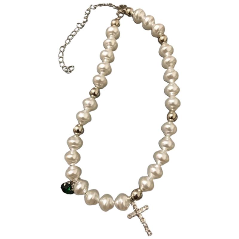 Pendant Necklaces Irregular Imitation Pearls Necklace Elegant Jewelry Rhinestone Cross Crystal Choker