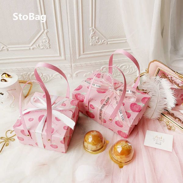 StoBag 5pcs Pink Series Handle Paper Box Candy Chocolate Packaging Baking Biscuit Wedding Baby Shower Year Gift Decoration 210602
