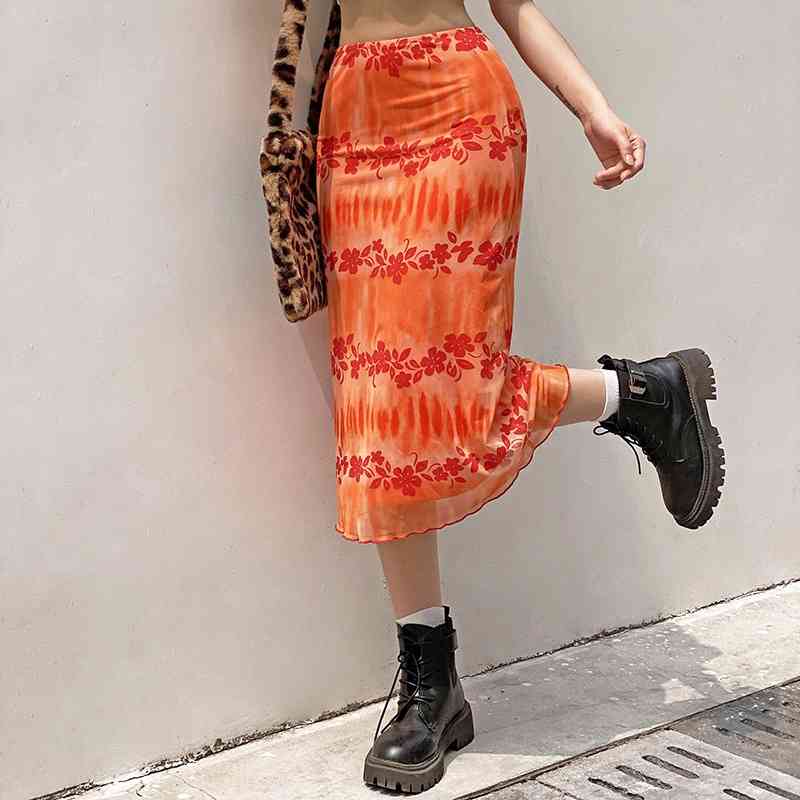 Skirts Faldas de estilo bohemio para mujer, faldas informales cintura alta,Q5 estampado Floral, naranja, Midi, ropa 6JY9