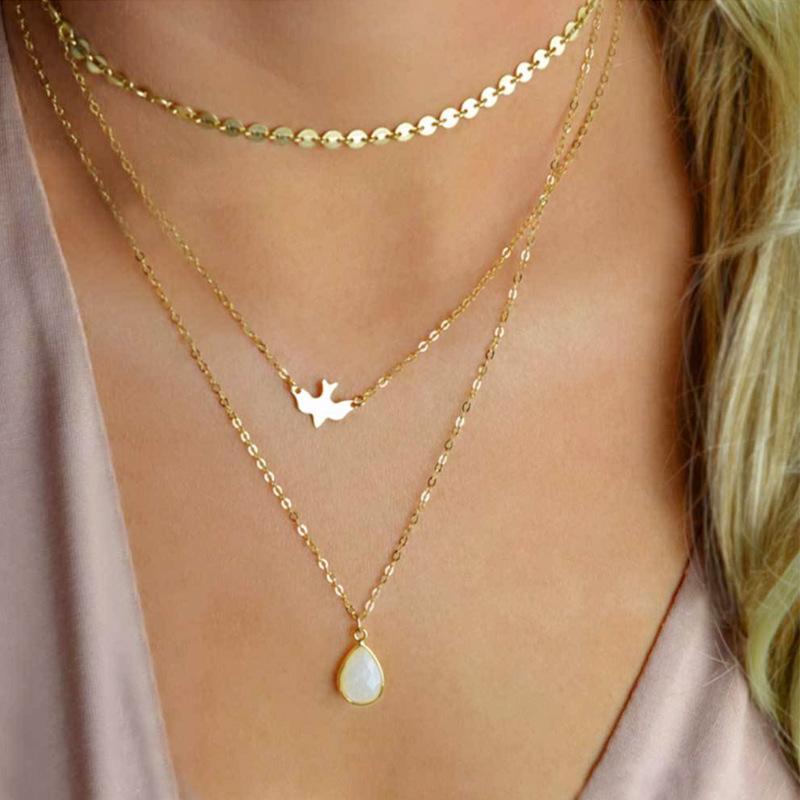 Pendant Necklaces Fashion Round Sequins Multi-layer Choker Chain Necklace Handmade Pigeon Bird Droplet Women Collares Jewelry