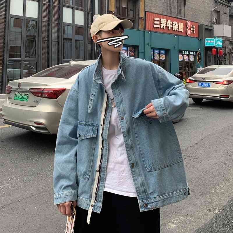 Men&#039;s Jackets Denim Men Spring Solid Stand Collar Long Sleeve Big Pockets Casual Jean Jacket Korean Fashion Jeans Coat Outerwear P