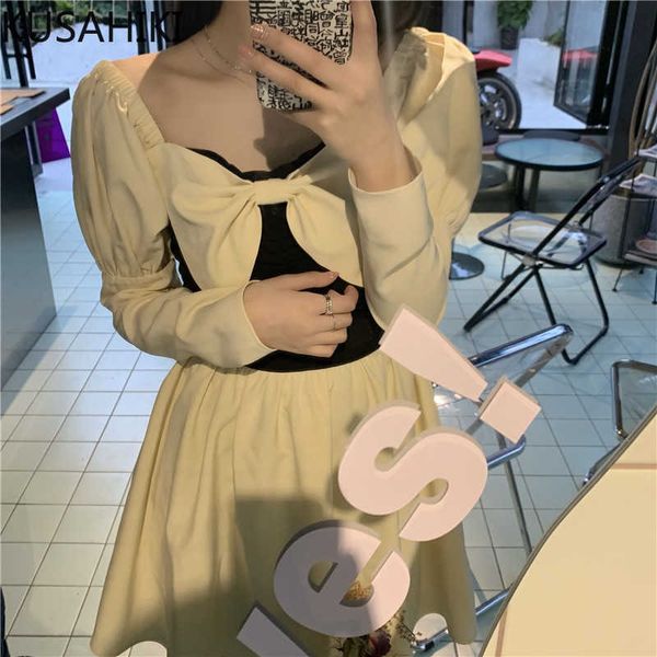 Sweet Bowknot Square Collar Dresses Korean Black White Hit Color Woman Dress Puff Sleeve High Waist Vestidos 6G551 210603