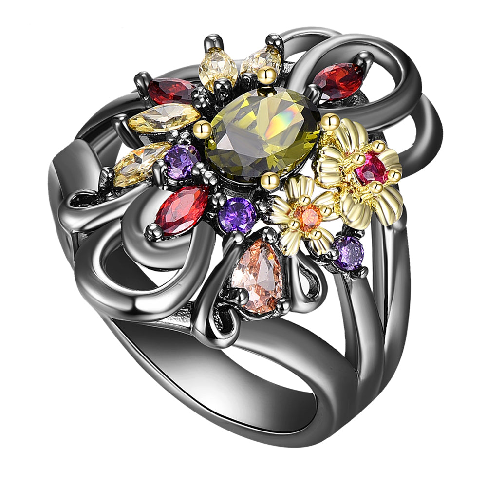 Pretty Olivine Multi Color Crystal Zirconia Ring Black-Gold 2 Tone Jewellery Copper Luxury Trendy Flower Jewelry For Women