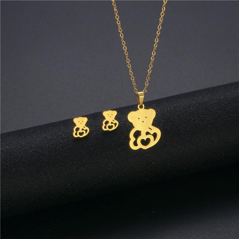 Pendant Necklaces Stainless Steel Cute Cartoon Baby Teddy Bear Love Heart Chain Necklace Sets Choker For Women Collier Animal Jewelry