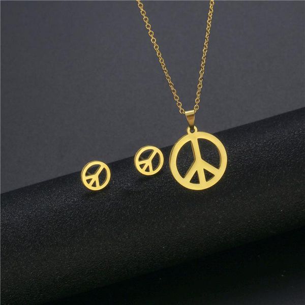 Pendant Necklaces Small Gold Stainless Steel Round World Peace Sign Symbol Chain Necklace Sets Choker For Women Collier Anti-war Jewelry
