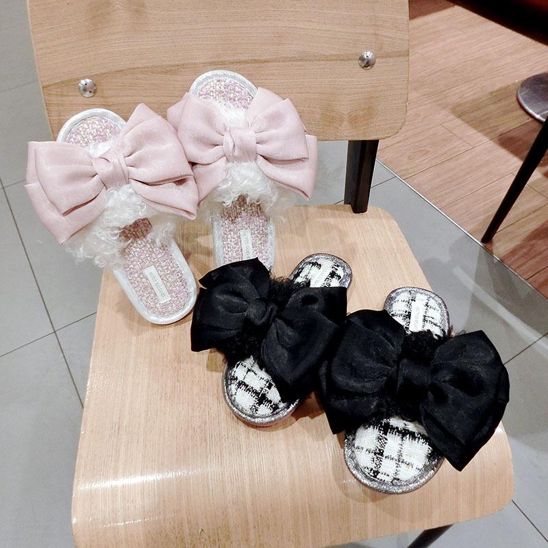 Slippers Women-girl&#039;s Big Bow Fur Anti-slip Home Slides Shoes Woman Mixed Color Knitting Padded Woolen Furry Mules Cozy Flipflop