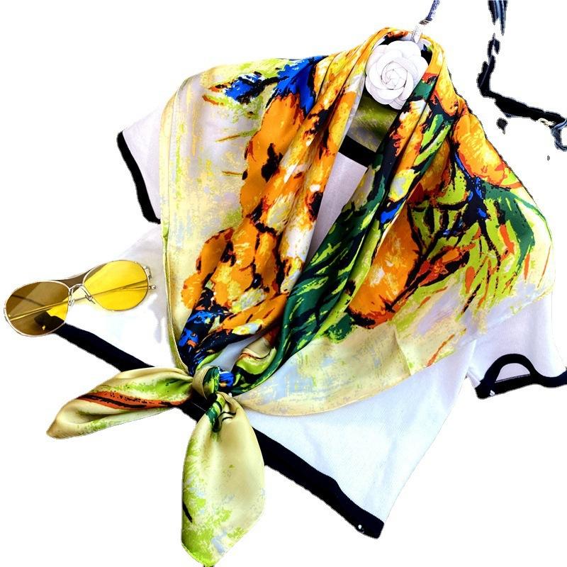 Scarves 2021 Woman Silk Scarf 90cm Fashion Handkerchief High Quality Beach Decorate Sunscreen Wraps Floral Neck