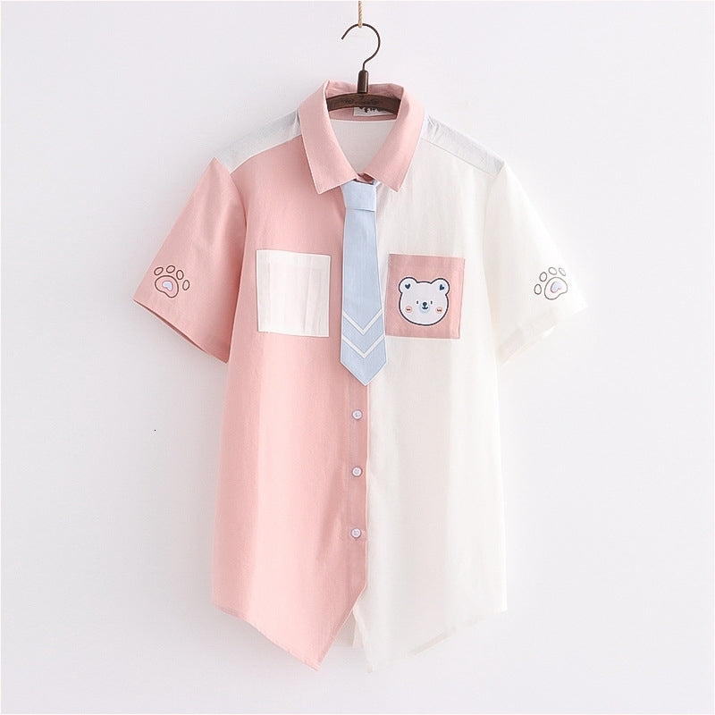 Women&#039;s Blouses & Shirts Harajuku Cute Bear Cartoon Blouse Girls Tie Front Button Up Kawaii Sweet 2021 Casual Short Sleeve Cardiga