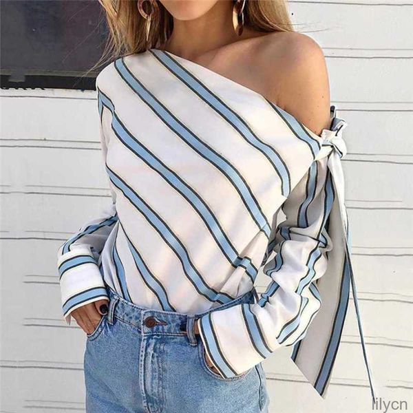 Summer Women Striped Loose Blouse Fashion Lady Off Shoulder Lace Up Shirts Female Elegant Tops Blouses Long Sleeve Chic