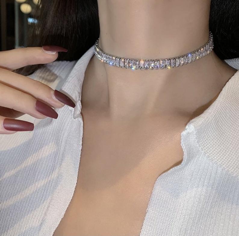 Chokers 5A 4*8mm Rectangle Cubic Zirconia CZ Choker Iced Out Bling Tennis Chain 32+10cm Collar Necklace
