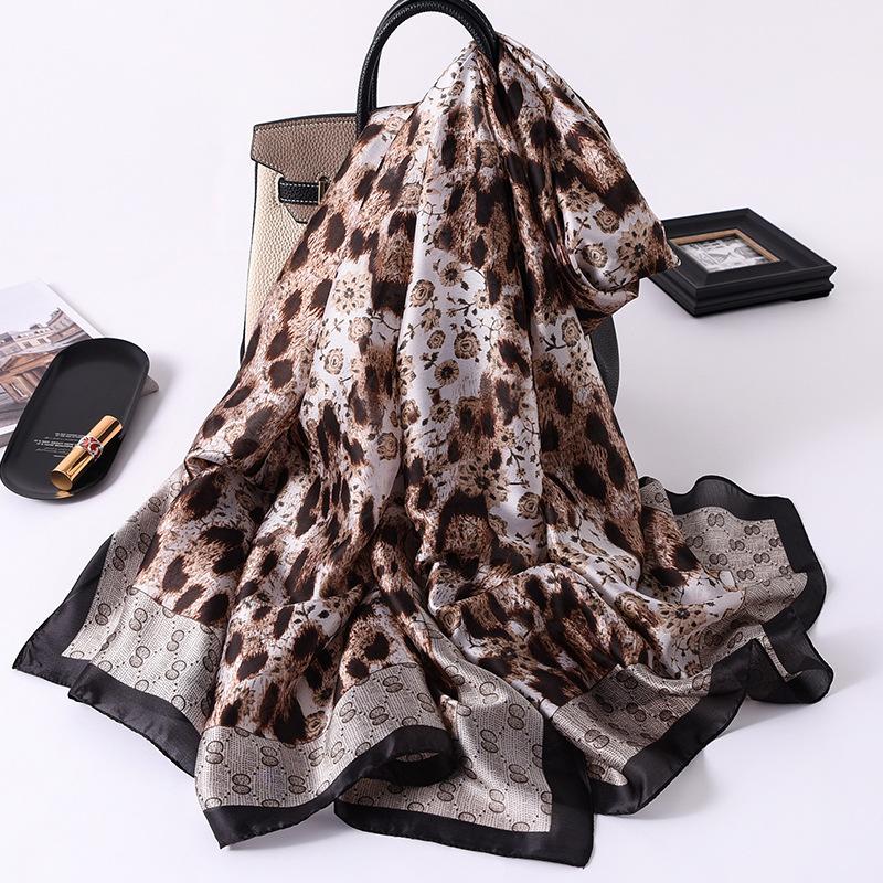 Scarves 2021 Women Imitation Silk Scarf Retro Leopard Print Shawls Office Lady Soft Wraps Female Headscarf Beach Towel 90x180cm