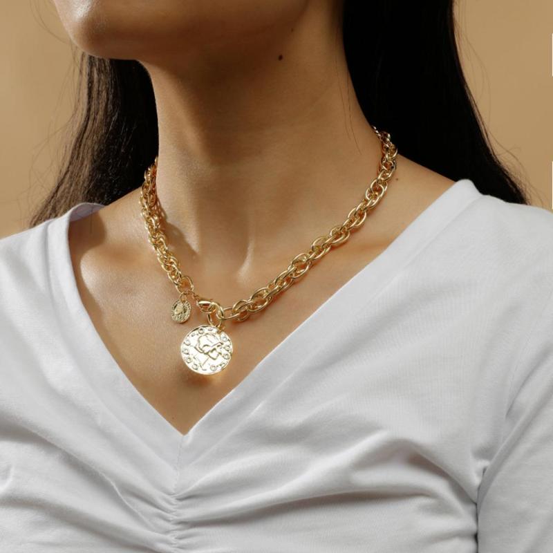 Bohemian Alloy Head Portrait Chain Choker Necklace Collar Statement Carved Letter Pendant For Women Jewelry Chains