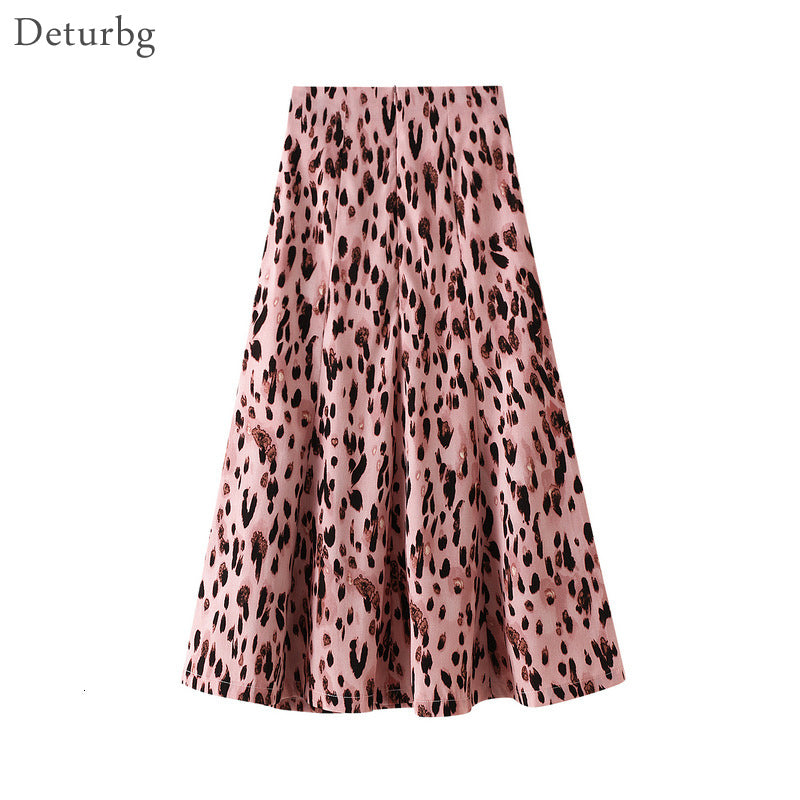 Casual Dresses Women Cute Leopard Print Pleated Skirt With Liner Female Korean High Waist Back Zipper Pink A-Line Midi Skirts Summ