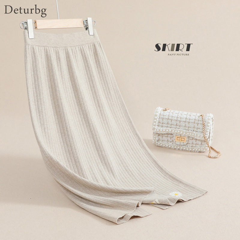 Casual Dresses Women&#039;s Elegant Flower Embroidery Knitted Midi Skirt High Quality Waist Back Splits Straight Skirts Autumn Winter S